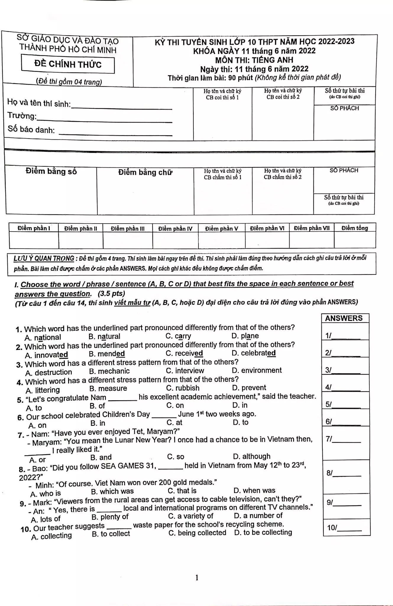 Đề thi môn Tiếng anh kỳ thi vào lớp 10 THPT TP.HCM 2022 - Ảnh 1