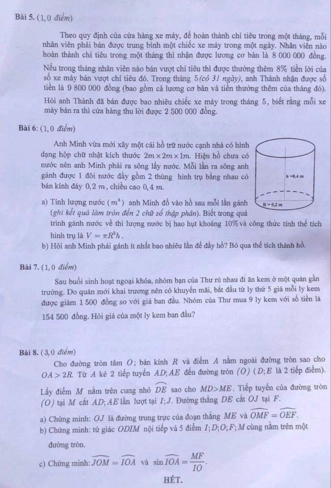 Đề thi môn Toán kỳ thi vào lớp 10 THPT TP.HCM 2022 - Ảnh 1
