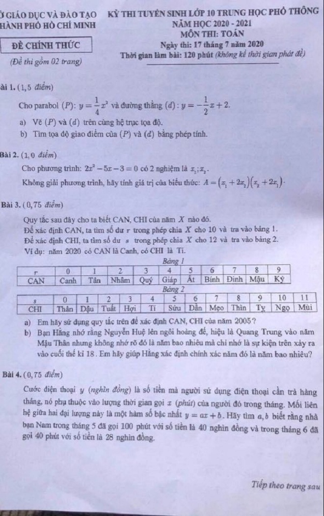Đề thi môn Toán kỳ thi vào lớp 10 THPT TP.HCM 2022 - Ảnh 1