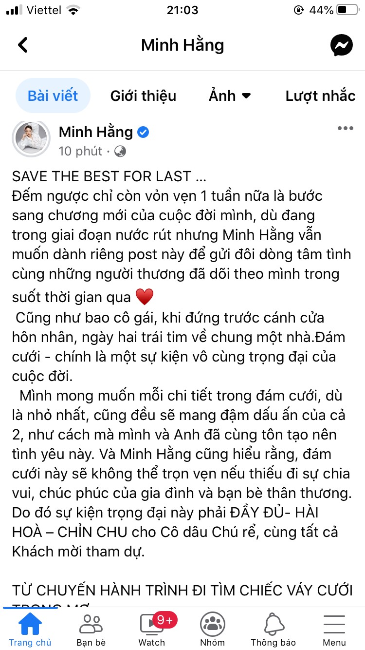 Một tuần trước đám cưới, Minh Hằng nhắn nhủ ông xã: 