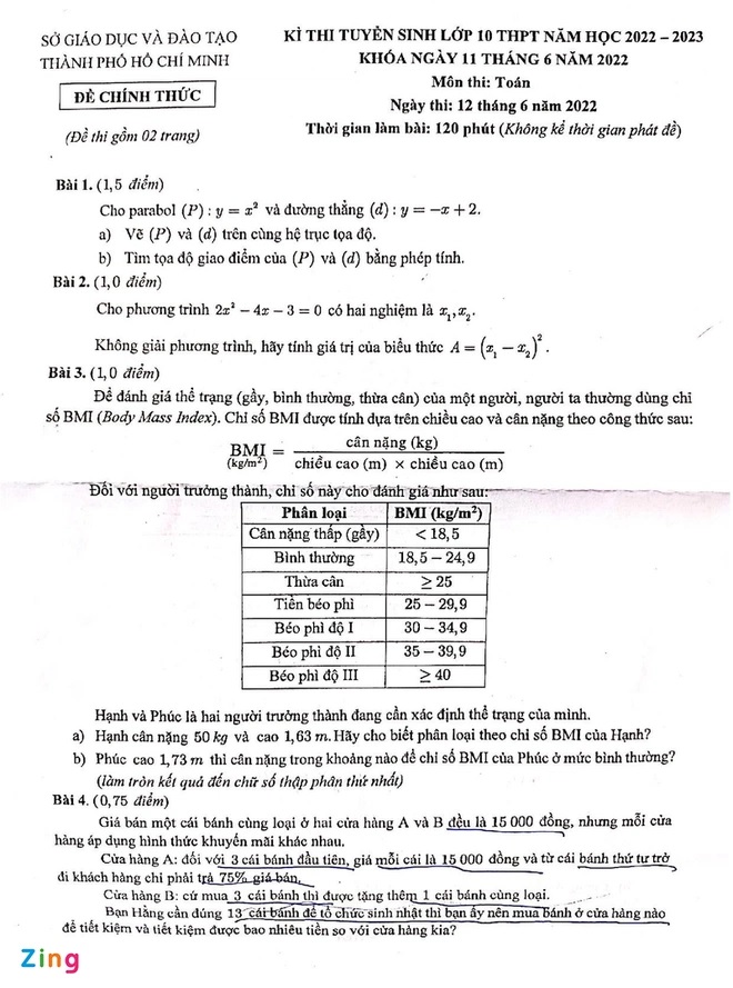 Đề thi môn Toán kỳ thi vào lớp 10 THPT TP. HCM 2022 - Ảnh 1