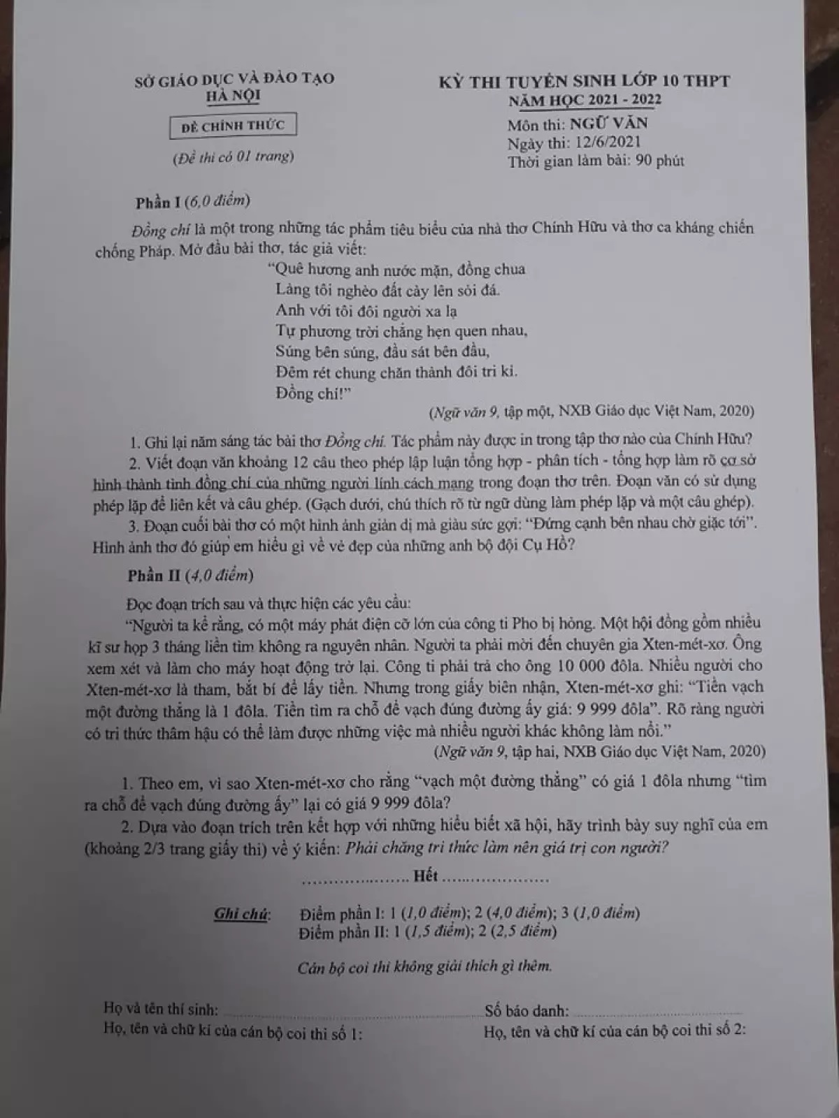 Đề thi môn Ngữ văn kỳ thi vào lớp 10 THPT TP. Hà Nội 2022 - Ảnh 1