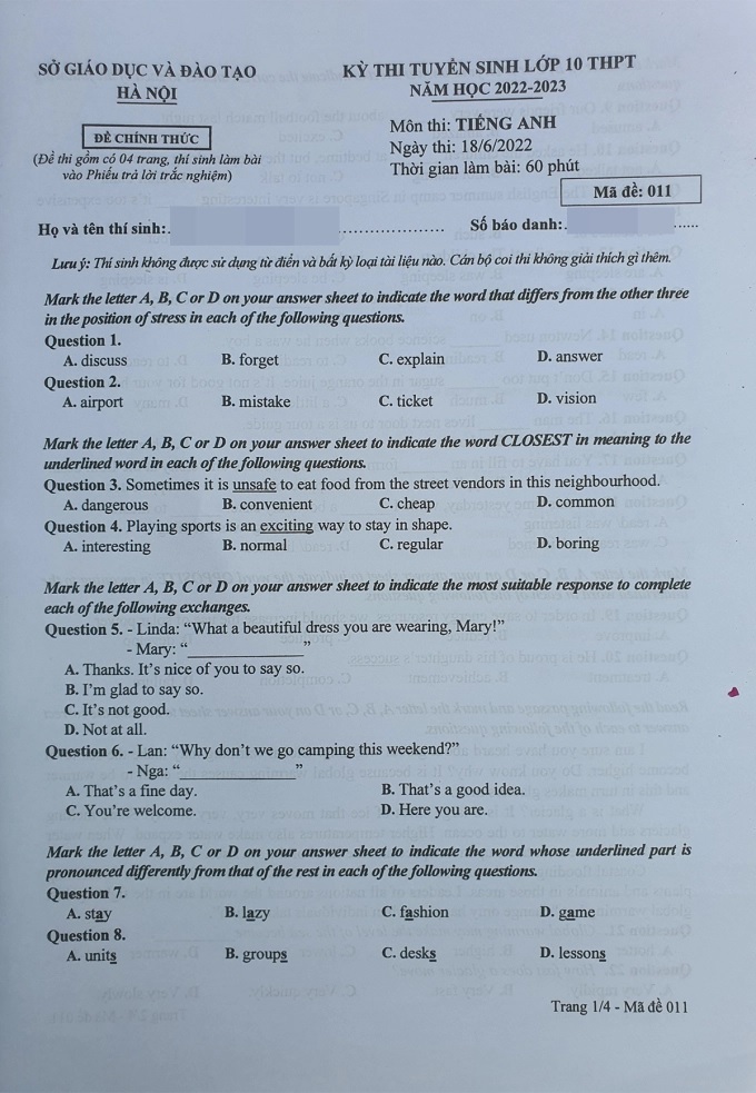 Đề thi môn Tiếng Anh kỳ thi vào lớp 10 THPT TP. Hà Nội 2022 - Ảnh 1