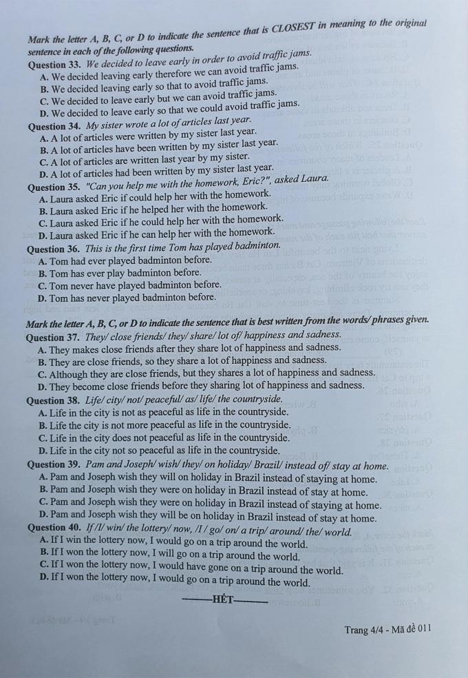Đề thi môn Tiếng Anh kỳ thi vào lớp 10 THPT TP. Hà Nội 2022 - Ảnh 1