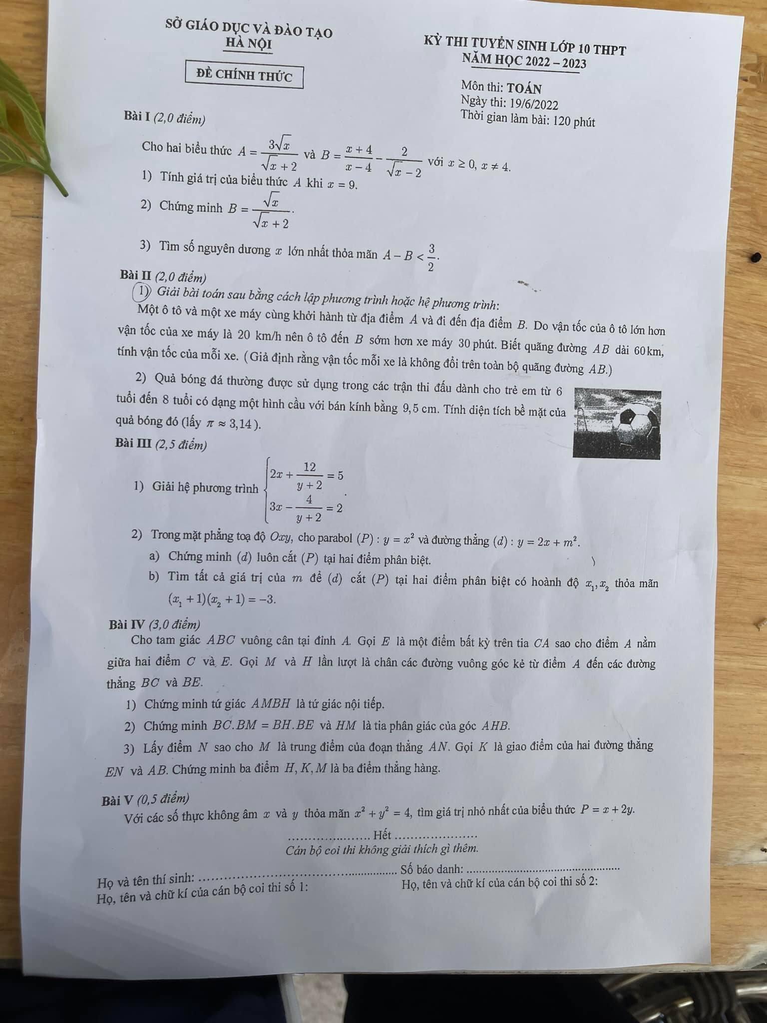 Gợi ý đáp án đề thi môn Toán thi vào lớp 10 THPT TP. Hà Nội 2022 - Ảnh 1