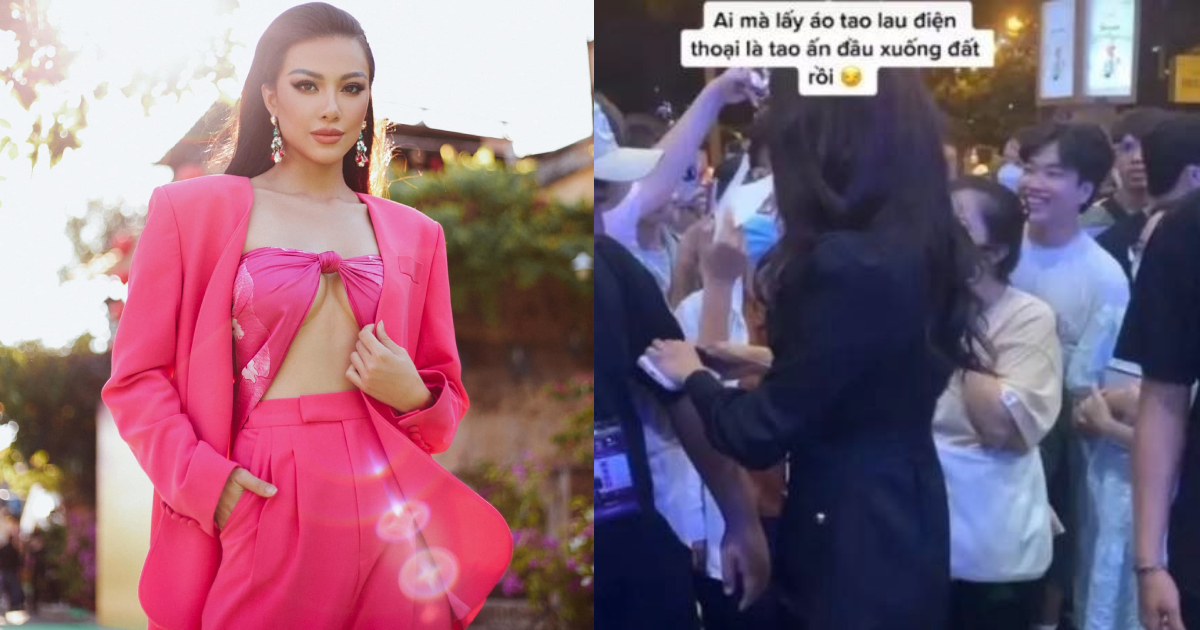 Á hậu Kim Duyên lấy vạt áo của nhân viên làm giẻ lau màn hình điện thoại