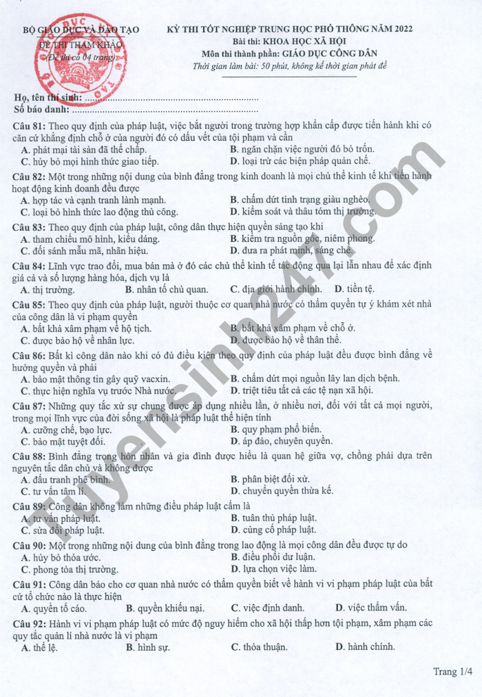 Đề thi THPT Quốc gia năm 2022 môn GDCD chính thức (tất cả các mã đề) - Ảnh 1