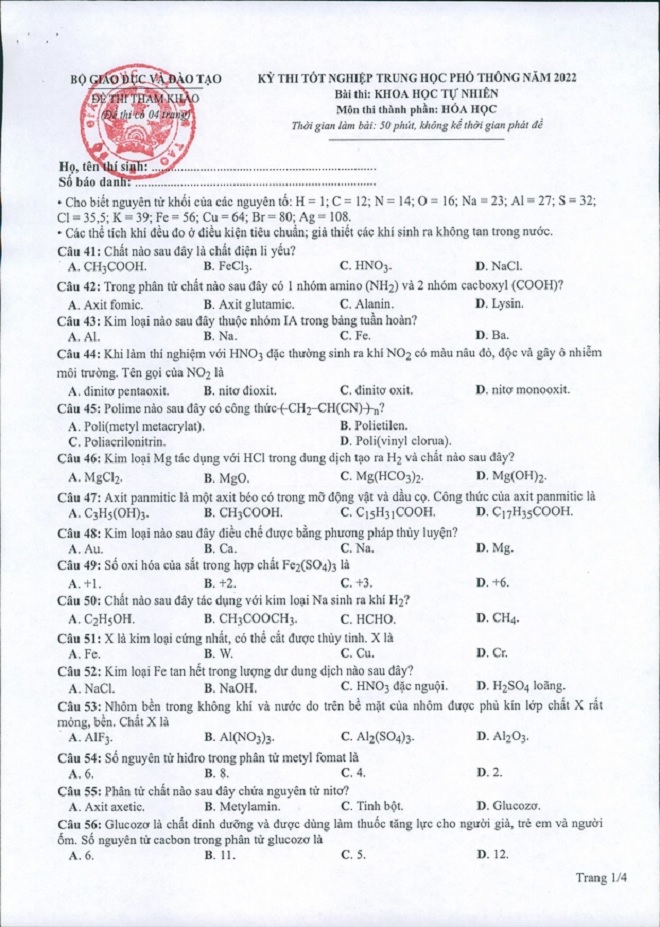 Đề thi THPT Quốc gia năm 2022 môn Hóa học chính thức (tất cả các mã đề) - Ảnh 1