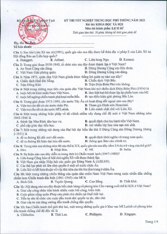 Đề thi THPT Quốc gia năm 2022 môn Lịch sử chính thức (tất cả các mã đề) - Ảnh 1