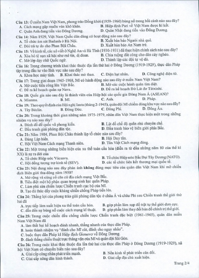 Đề thi THPT Quốc gia năm 2022 môn Lịch sử chính thức (tất cả các mã đề) - Ảnh 2
