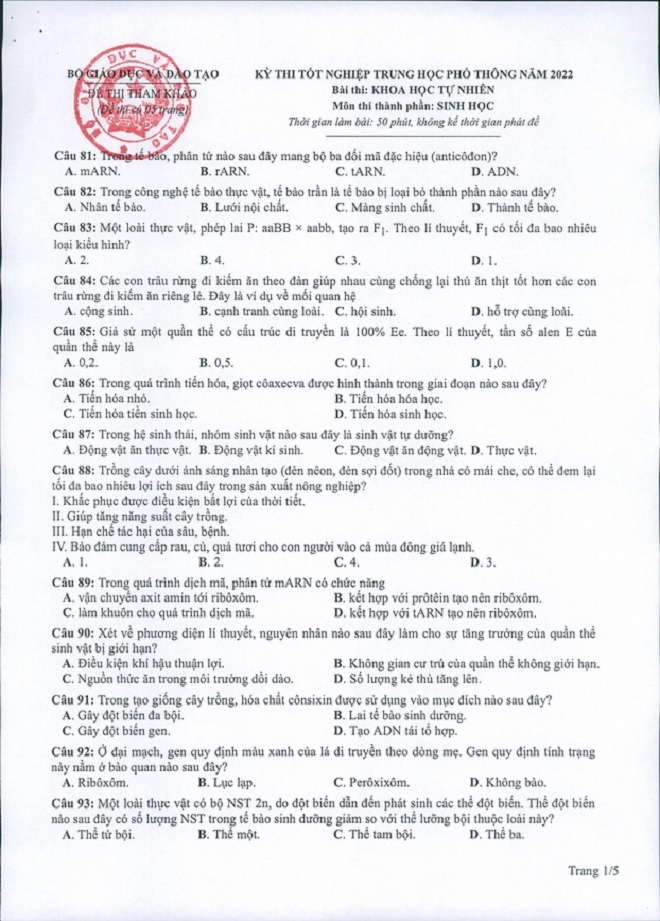 Đề thi THPT Quốc gia năm 2022 môn Sinh học chính thức (tất cả các mã đề) - Ảnh 4