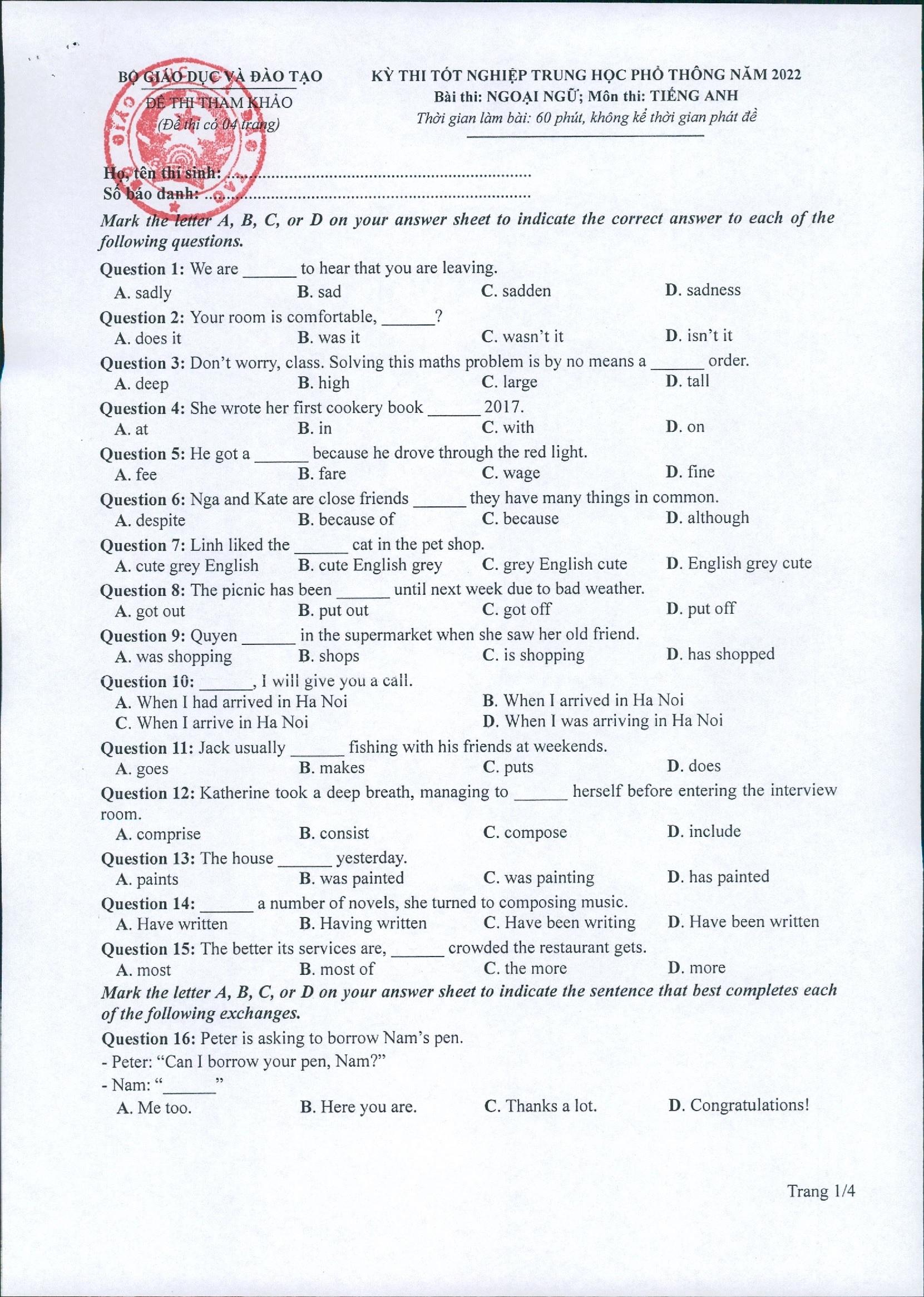 Đề thi THPT Quốc gia năm 2022 môn Tiếng anh chính thức (tất cả các mã đề) - Ảnh 1
