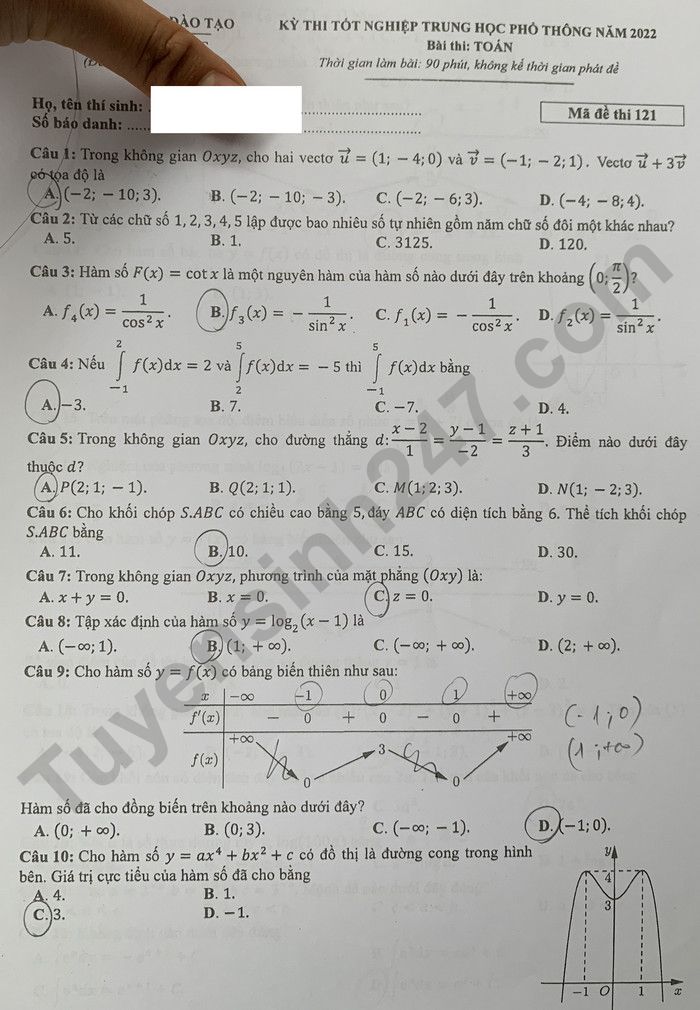 Đáp án đề thi môn Toán thi tốt nghiệp THPT 2022 mã đề 102 - Ảnh 1