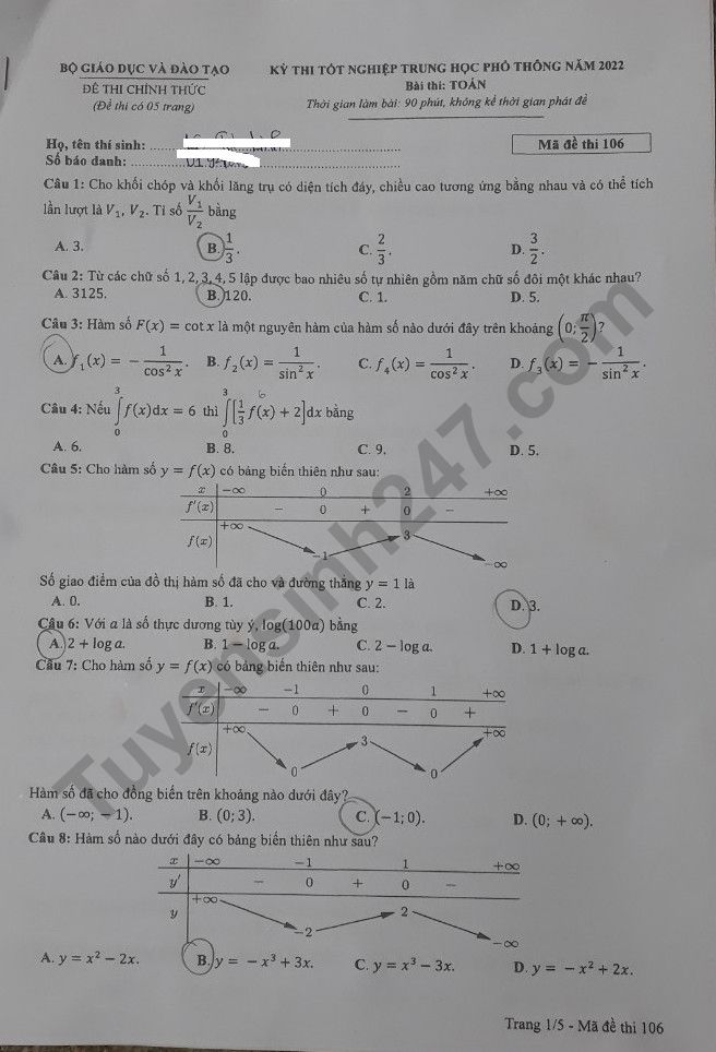 Đáp án đề thi môn Toán thi tốt nghiệp THPT 2022 mã đề 106 - Ảnh 1