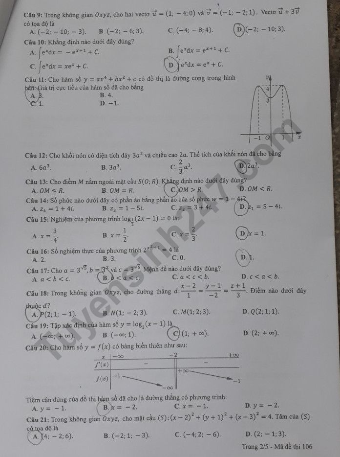 Đáp án đề thi môn Toán thi tốt nghiệp THPT 2022 mã đề 106 - Ảnh 2
