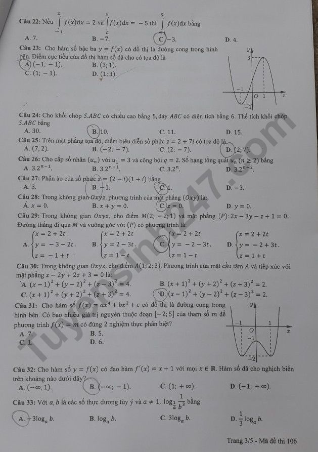 Đáp án đề thi môn Toán thi tốt nghiệp THPT 2022 mã đề 106 - Ảnh 3