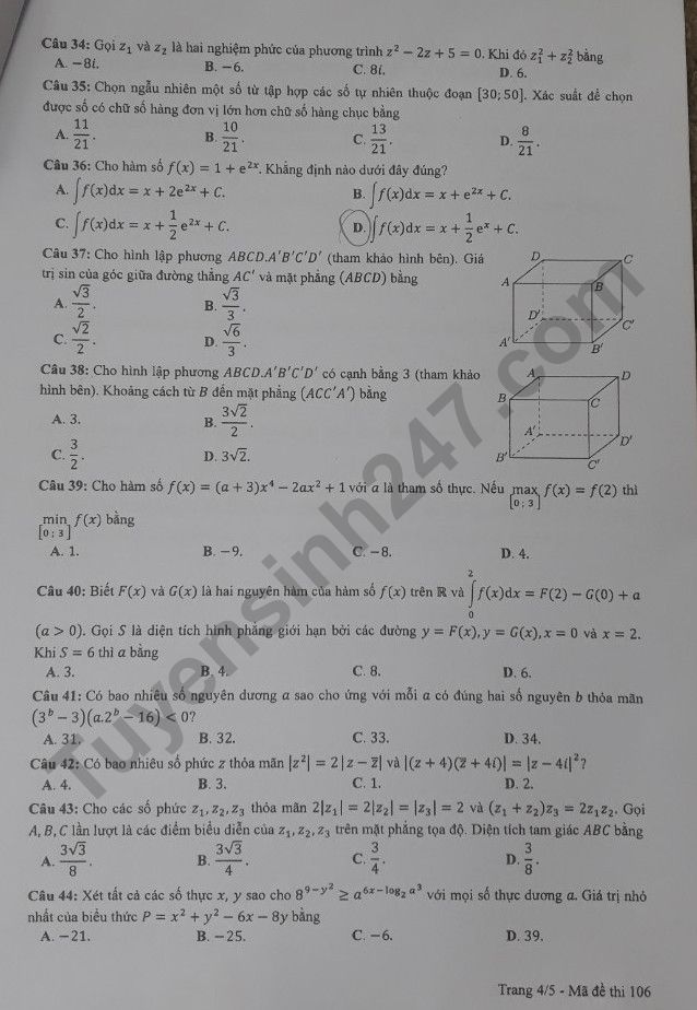 Đáp án đề thi môn Toán thi tốt nghiệp THPT 2022 mã đề 106 - Ảnh 4