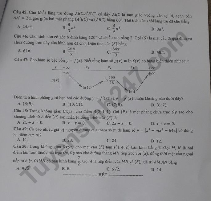 Đáp án đề thi môn Toán thi tốt nghiệp THPT 2022 mã đề 106 - Ảnh 5