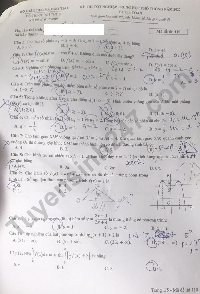 Đáp án đề thi môn Toán thi tốt nghiệp THPT 2022 mã đề 110 - Ảnh 1