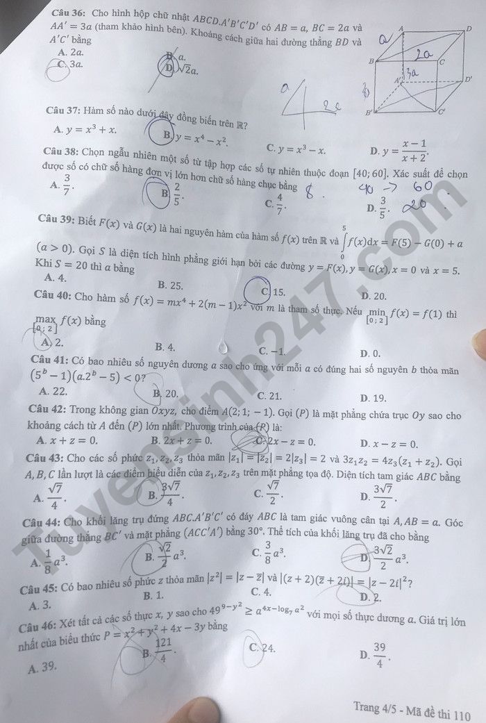 Đáp án đề thi môn Toán thi tốt nghiệp THPT 2022 mã đề 110 - Ảnh 4