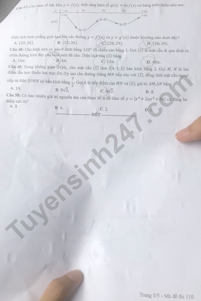 Đáp án đề thi môn Toán thi tốt nghiệp THPT 2022 mã đề 110 - Ảnh 1