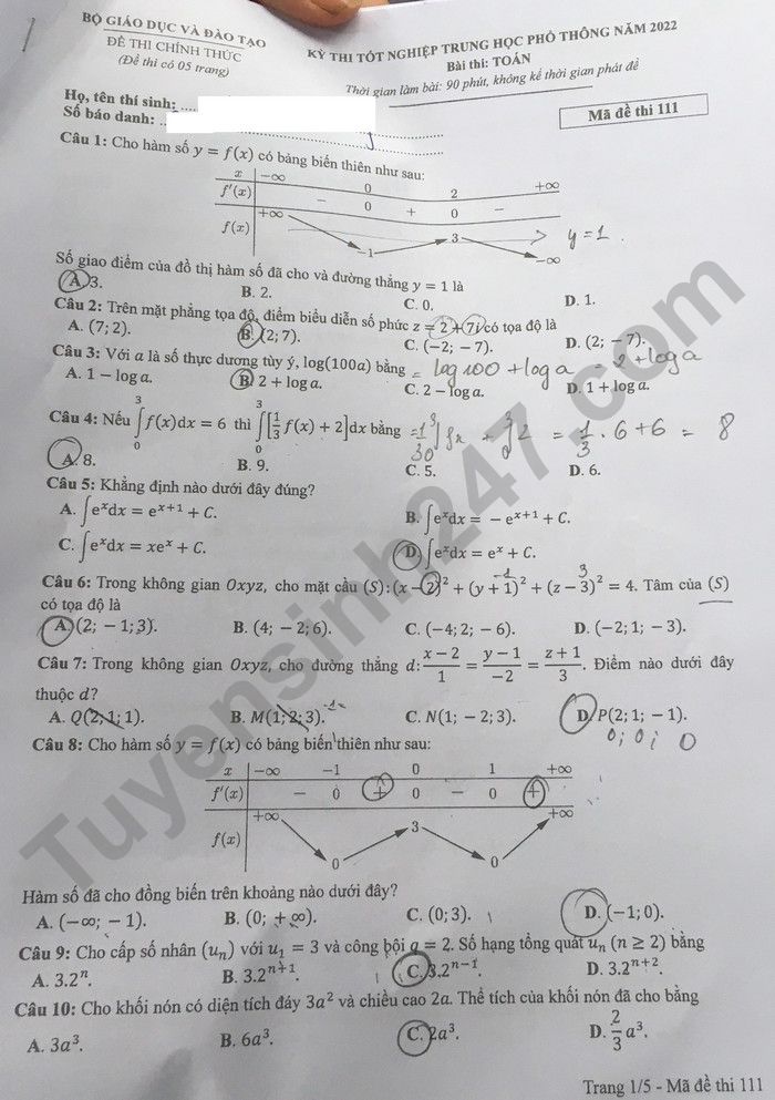 Đáp án đề thi môn Toán thi tốt nghiệp THPT 2022 mã đề 111 - Ảnh 1