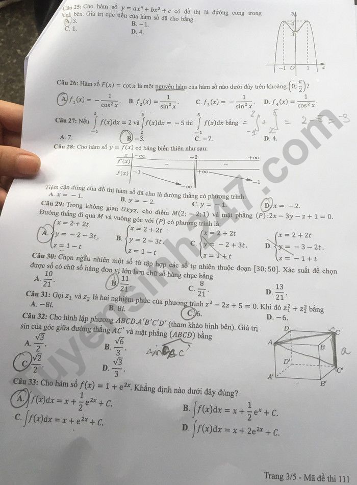 Đáp án đề thi môn Toán thi tốt nghiệp THPT 2022 mã đề 111 - Ảnh 3
