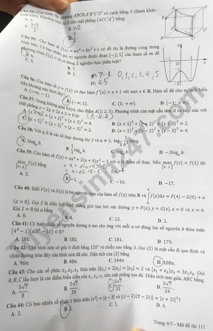 Đáp án đề thi môn Toán thi tốt nghiệp THPT 2022 mã đề 111 - Ảnh 3