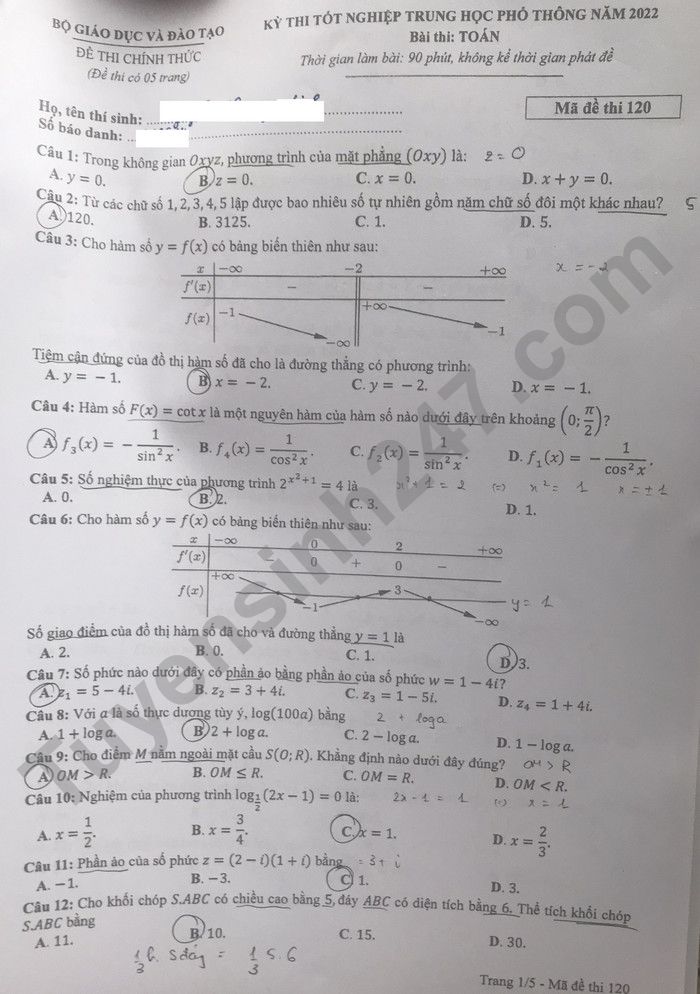 Đáp án đề thi môn Toán thi tốt nghiệp THPT 2022 mã đề 120 - Ảnh 1
