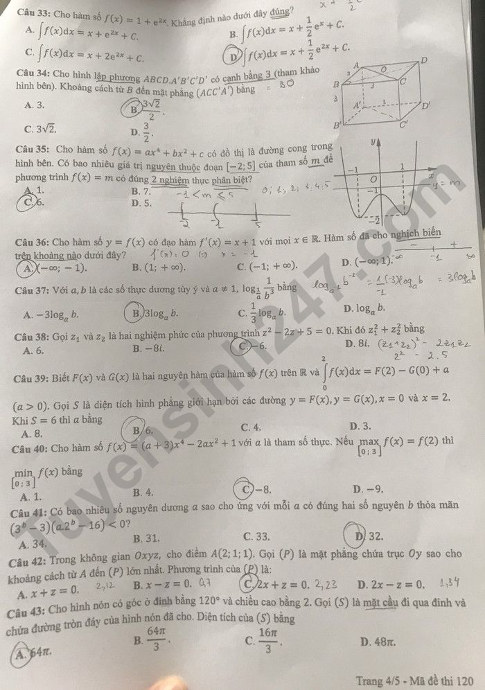 Đáp án đề thi môn Toán thi tốt nghiệp THPT 2022 mã đề 120 - Ảnh 4