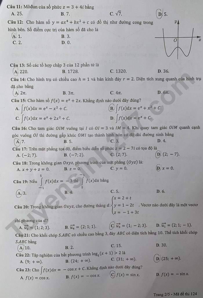 Đáp án đề thi môn Toán thi tốt nghiệp THPT 2022 mã đề 124 - Ảnh 2