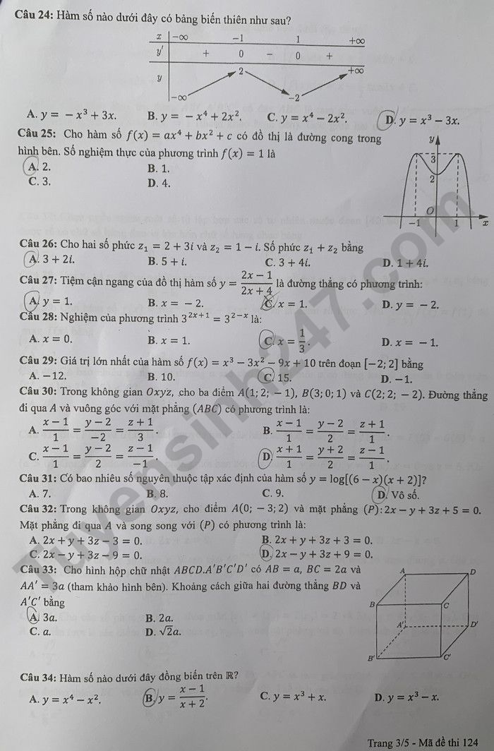 Đáp án đề thi môn Toán thi tốt nghiệp THPT 2022 mã đề 124 - Ảnh 1