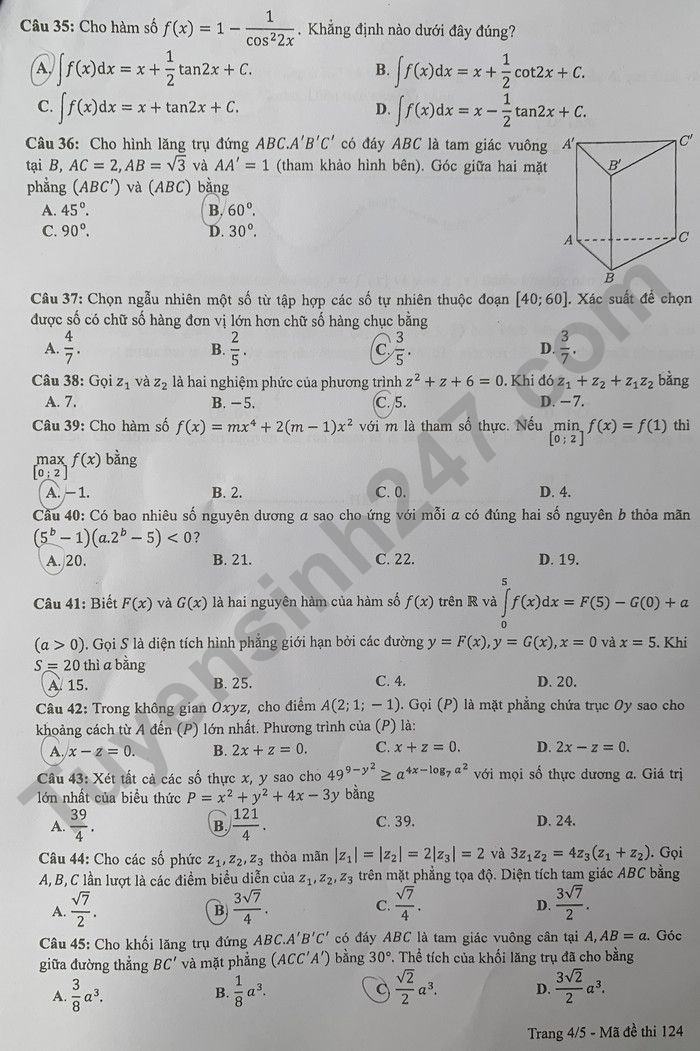 Đáp án đề thi môn Toán thi tốt nghiệp THPT 2022 mã đề 124 - Ảnh 2