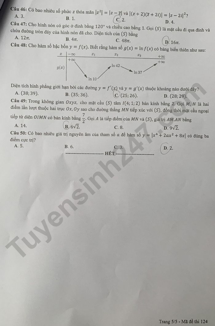 Đáp án đề thi môn Toán thi tốt nghiệp THPT 2022 mã đề 124 - Ảnh 3