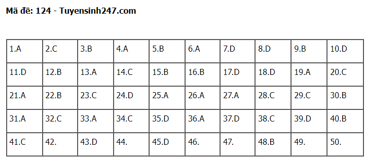 Đáp án đề thi môn Toán thi tốt nghiệp THPT 2022 mã đề 124 - Ảnh 1