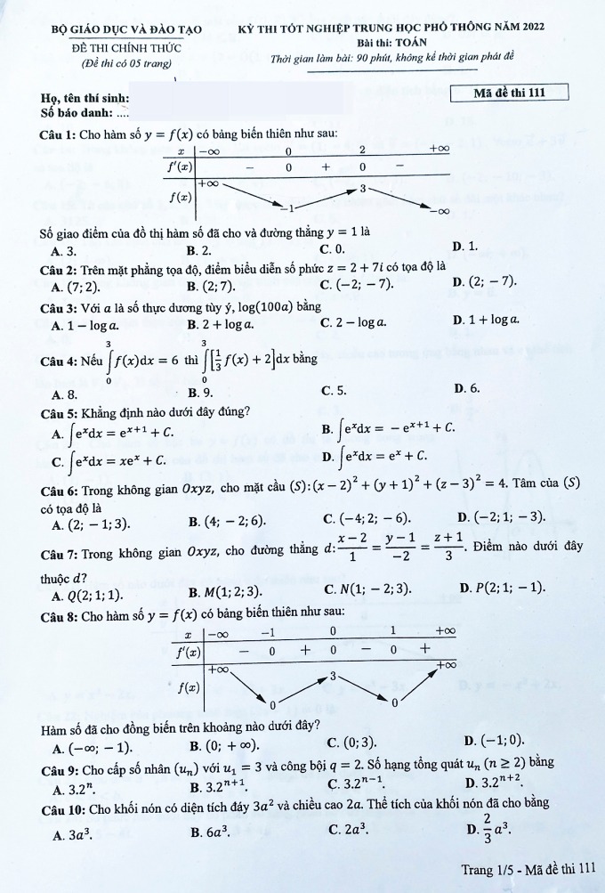 Đề thi môn Toán THPT Quốc gia năm 2022 chính thức tất cả các mã đề (đang cập nhật) - Ảnh 1