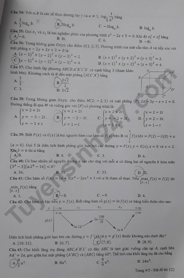 Đề thi và đáp án môn Toán thi tốt nghiệp THPT 2022 mã đề 119 - Ảnh 2
