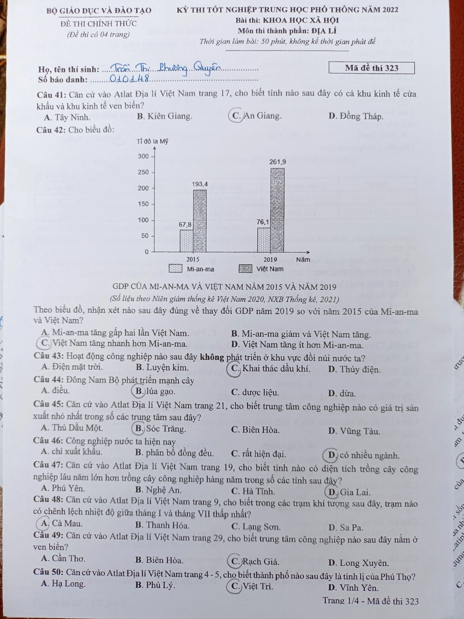 Đáp án đề thi môn Địa lý mã đề 301 kỳ thi THPT Quốc gia 2022 - Ảnh 1