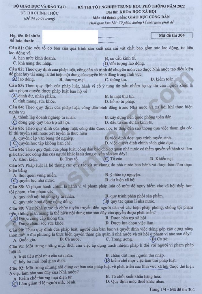 Đáp án đề thi môn GDCD mã đề 301 kỳ thi THPT Quốc gia 2022 - Ảnh 3