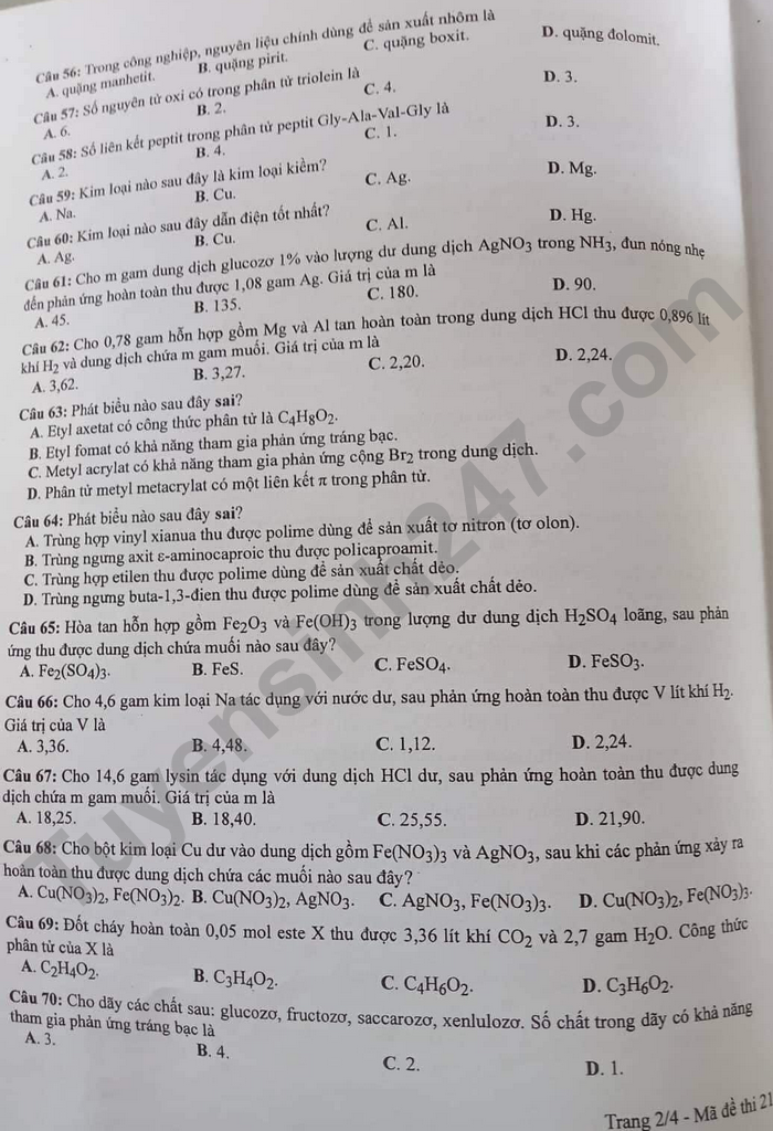 Đáp án đề thi môn Hóa học mã đề 205 kỳ thi tốt nghiệp THPT 2022 - Ảnh 4