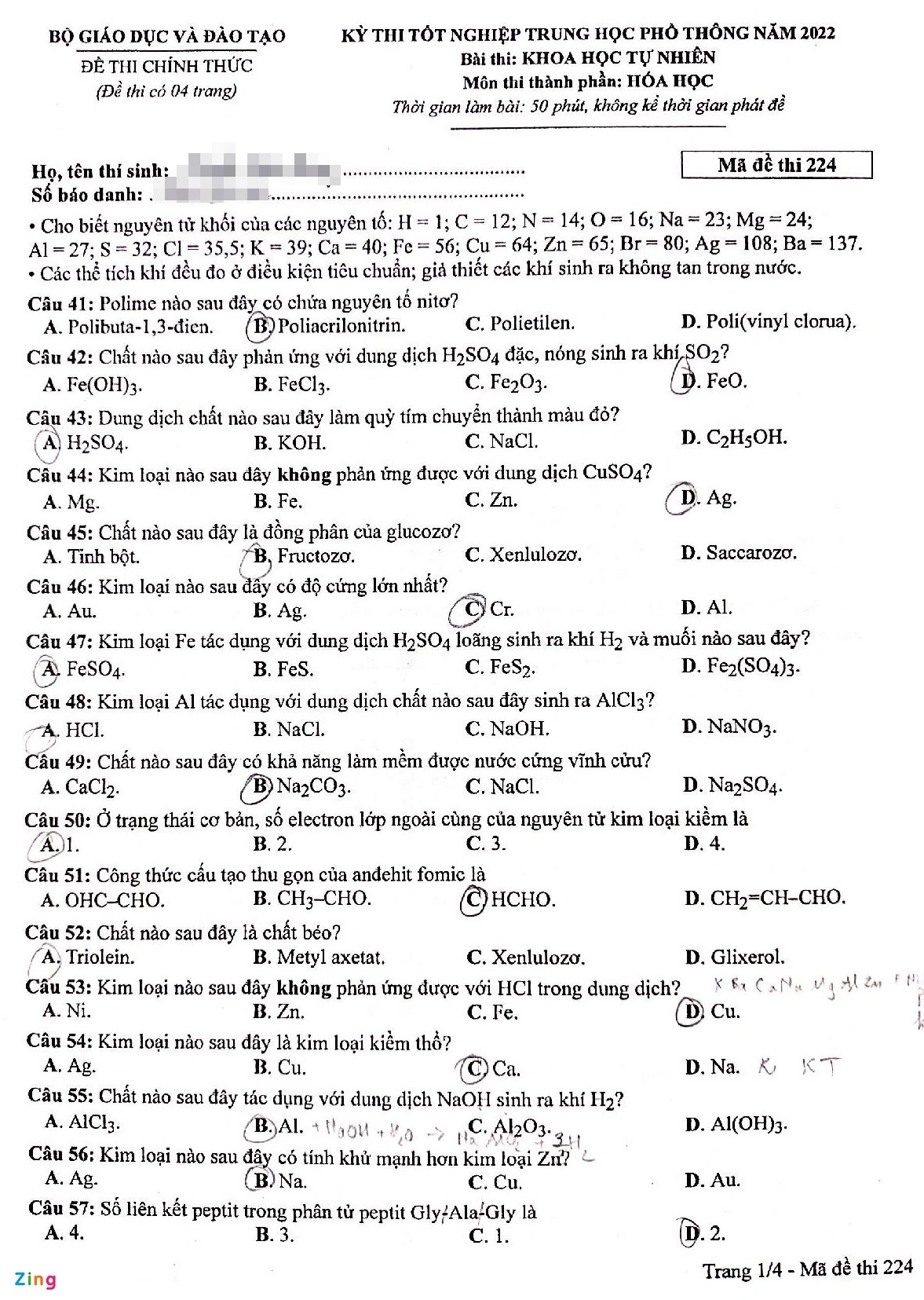 Đáp án đề thi môn Hóa học mã đề 206 kỳ thi tốt nghiệp THPT 2022 - Ảnh 2