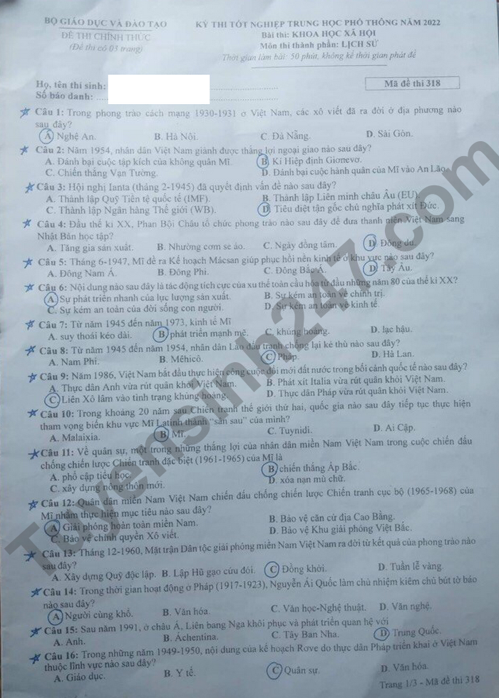 Đáp án đề thi môn Lịch sử mã đề 301 kỳ thi THPT Quốc gia 2022 - Ảnh 3
