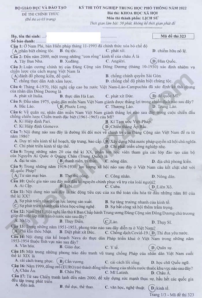 Đáp án đề thi môn Lịch sử mã đề 301 kỳ thi THPT Quốc gia 2022 - Ảnh 1