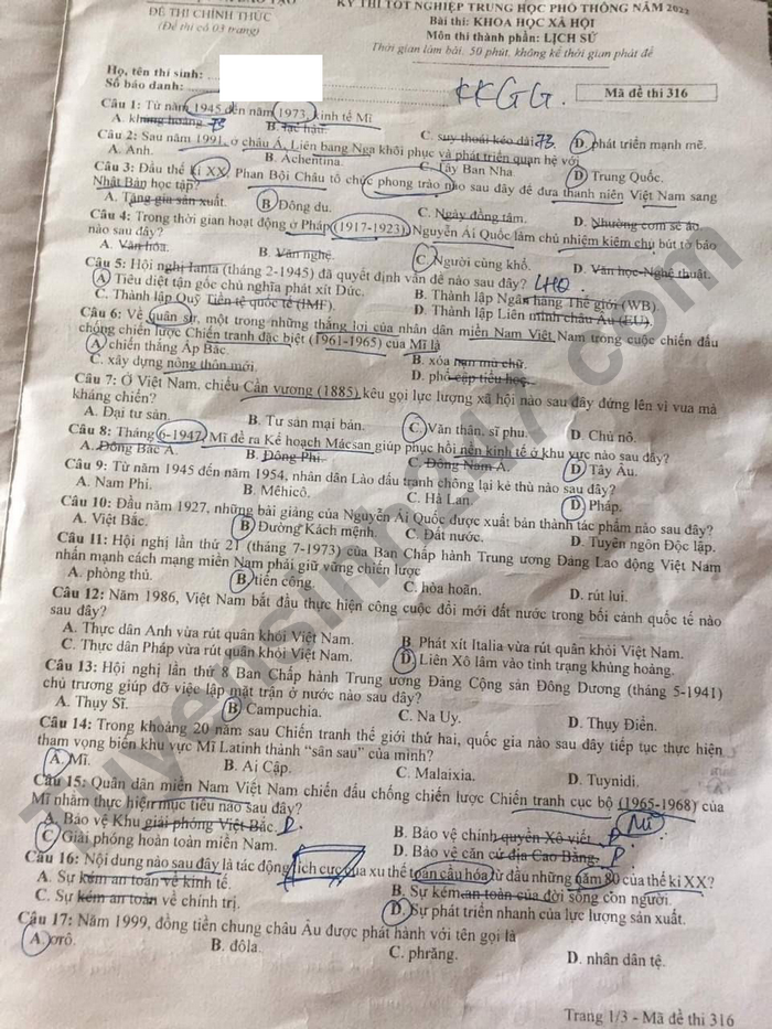 Đáp án đề thi môn Lịch sử mã đề 301 kỳ thi THPT Quốc gia 2022 - Ảnh 3
