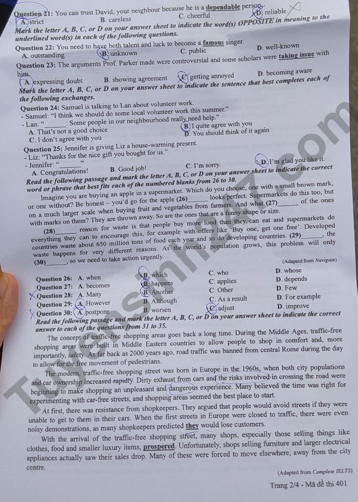 Đáp án đề thi môn tiếng Anh mã đề 401 kỳ thi THPT Quốc gia 2022 - Ảnh 2