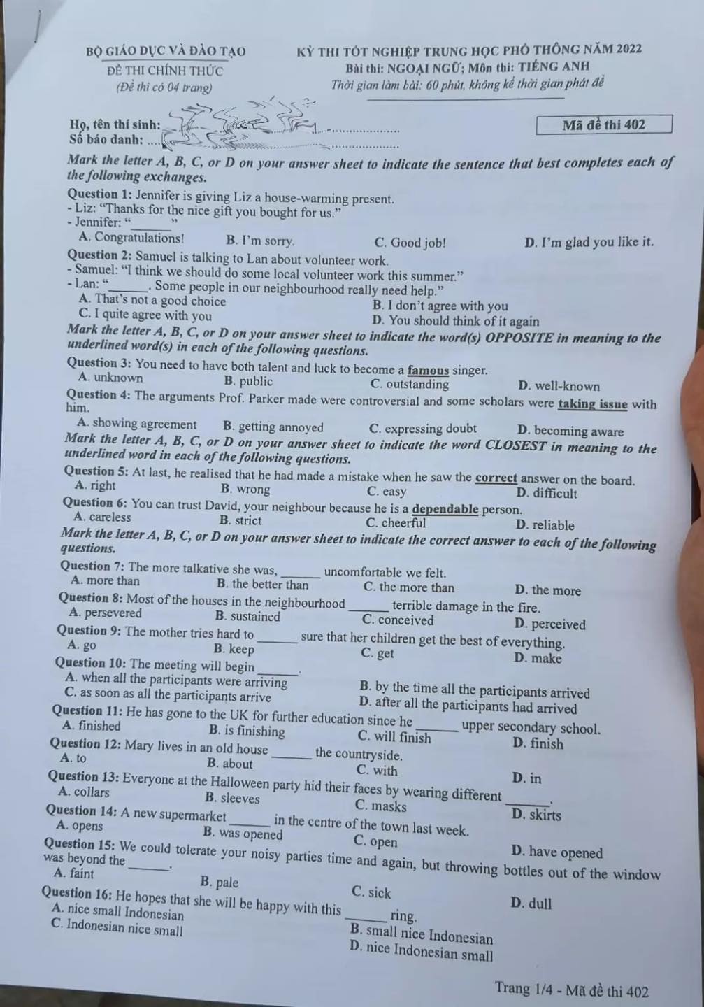 Đáp án đề thi môn tiếng Anh mã đề 402 kỳ thi THPT Quốc gia 2022 - Ảnh 1