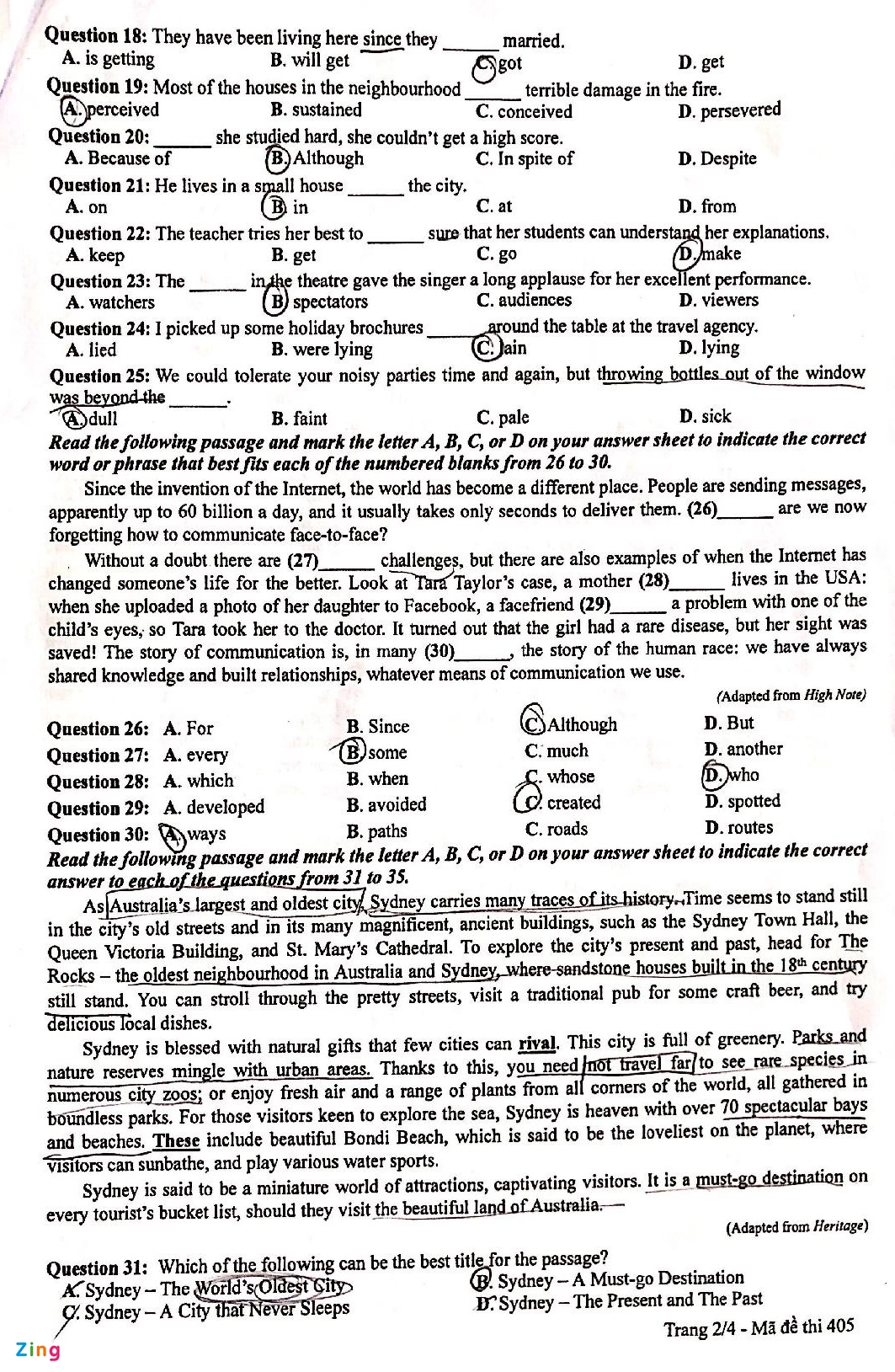 Đáp án đề thi môn tiếng Anh mã đề 405  kỳ thi THPT Quốc gia 2022 - Ảnh 1