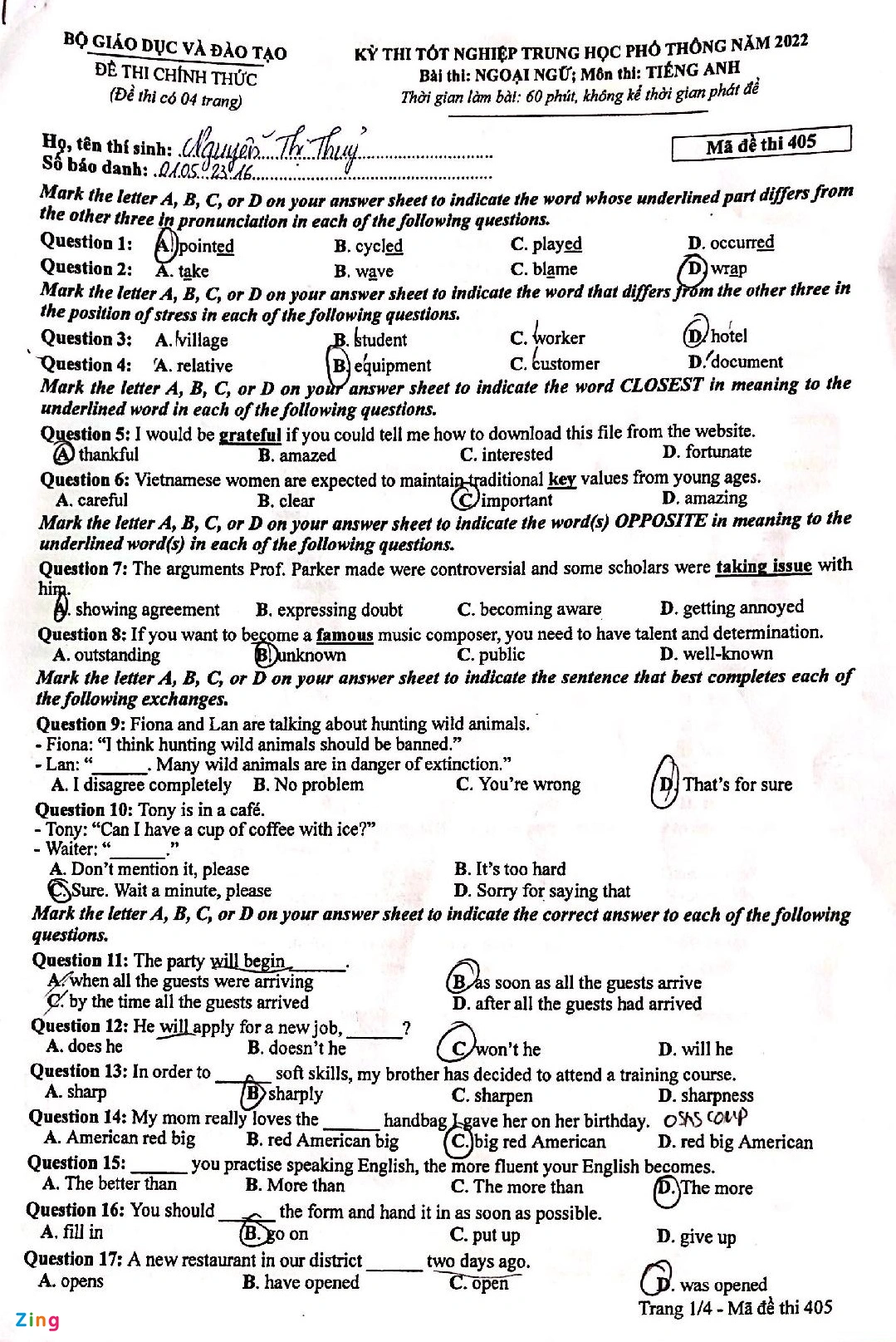 Đáp án đề thi môn tiếng Anh mã đề 405  kỳ thi THPT Quốc gia 2022 - Ảnh 1