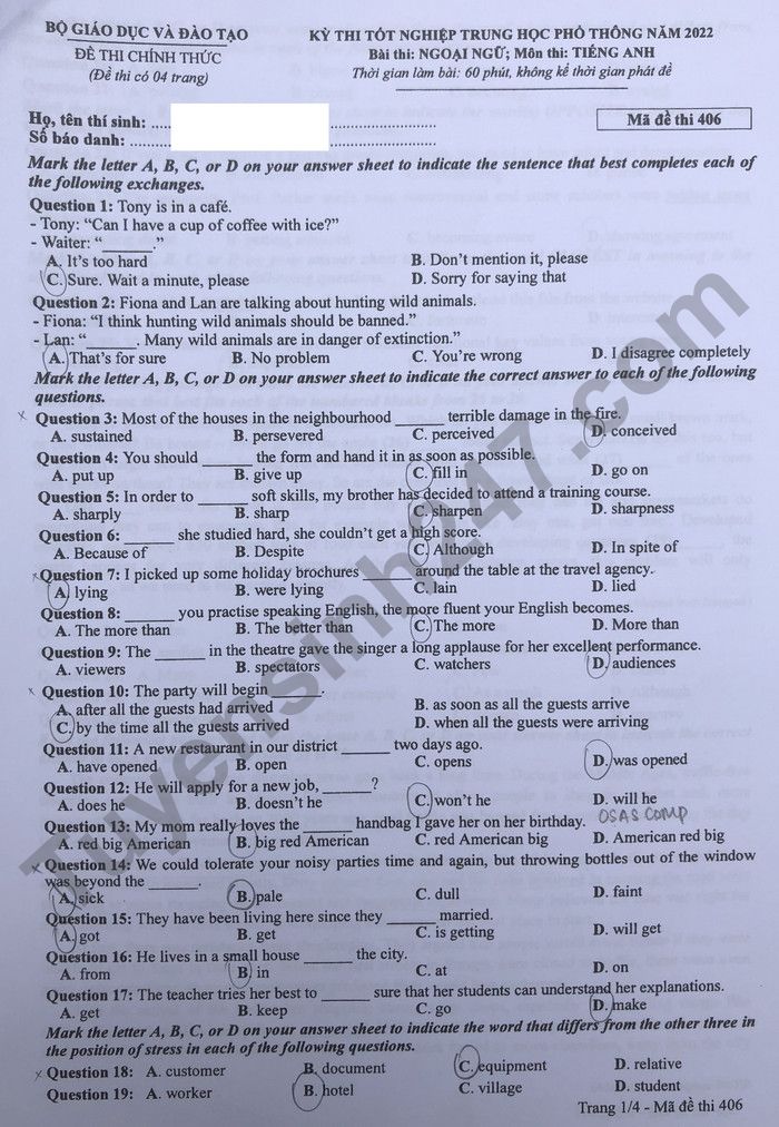 Đáp án đề thi môn tiếng Anh mã đề 406 kỳ thi THPT Quốc gia 2022 - Ảnh 1