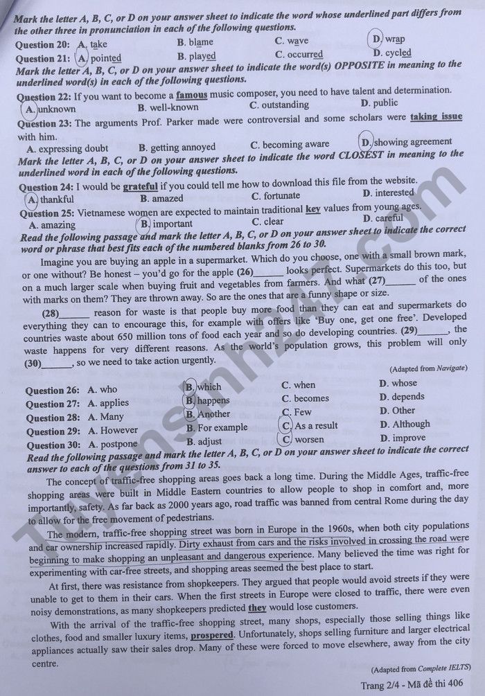 Đáp án đề thi môn tiếng Anh mã đề 406 kỳ thi THPT Quốc gia 2022 - Ảnh 1